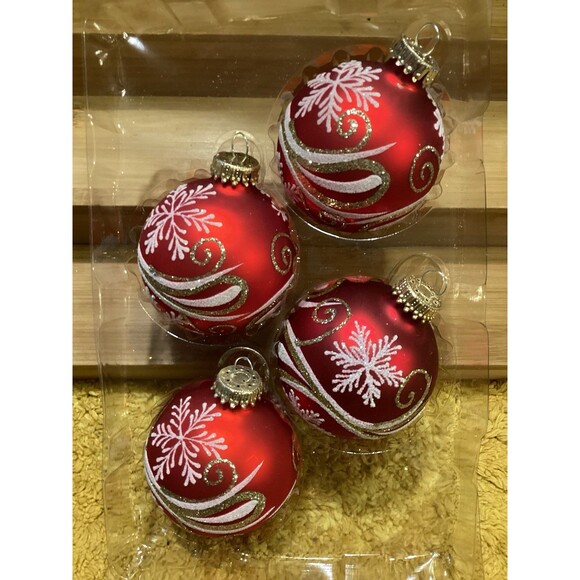 Krebs Glass Christmas Ornaments Red Velvet Balls Gold / White Scrolls Snowflakes - Picture 2 of 9